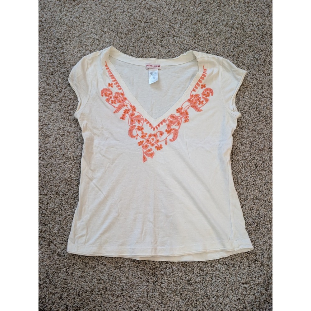 Guess Jeans Womens Cream Embroidered Beaded V-Neck Cotton Top Medium Y2K